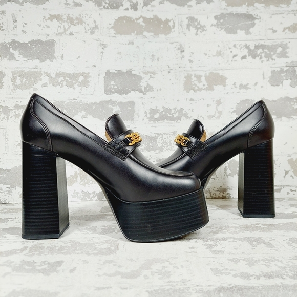 New SAM EDELMAN Rowe Platform Black Faux Leather Heeled Loafers i 622 - Picture 4 of 13